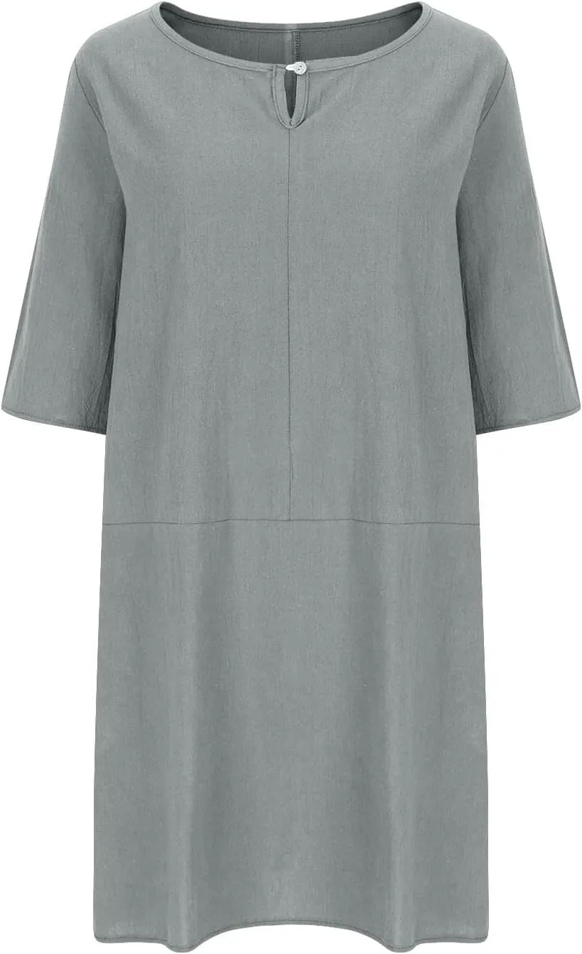 Womens Cotton Linen Shift Dress Summer Midi Dresses with Pockets Oversized Casual T-Shirt Dresses Solid Shirt Dress
