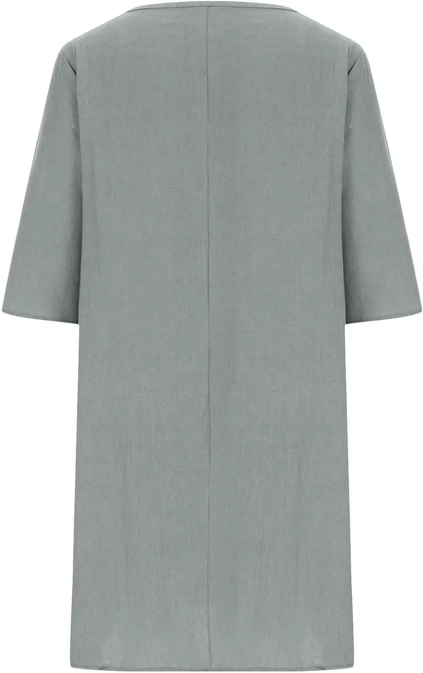 Womens Cotton Linen Shift Dress Summer Midi Dresses with Pockets Oversized Casual T-Shirt Dresses Solid Shirt Dress