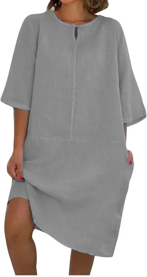 Womens Cotton Linen Shift Dress Summer Midi Dresses with Pockets Oversized Casual T-Shirt Dresses Solid Shirt Dress