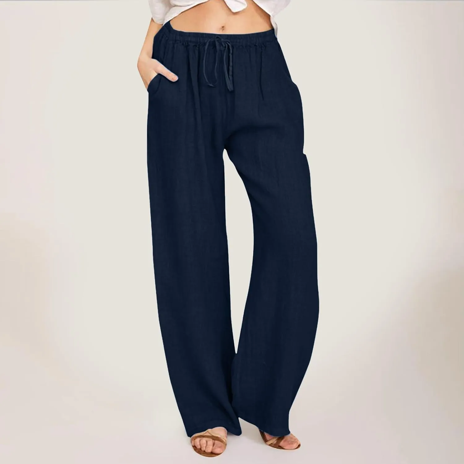 Womens Cotton Linen Summer Palazzo Pant Flowy Wide Leg Beach Pants High Waist Soft Trouser with Pocket