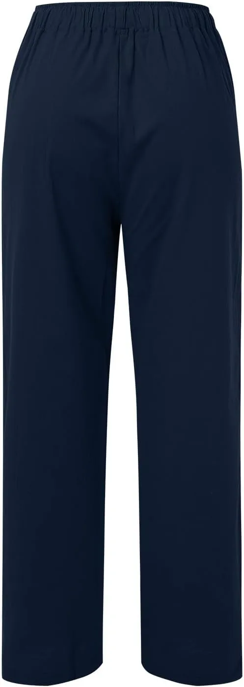 Womens Cotton Linen Summer Palazzo Pant Flowy Wide Leg Beach Pants High Waist Soft Trouser with Pocket