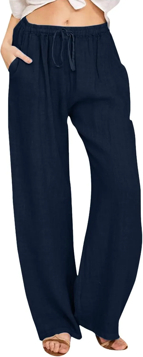 Womens Cotton Linen Summer Palazzo Pant Flowy Wide Leg Beach Pants High Waist Soft Trouser with Pocket