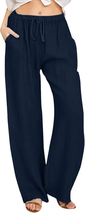 Womens Cotton Linen Summer Palazzo Pant Flowy Wide Leg Beach Pants High Waist Soft Trouser with Pocket
