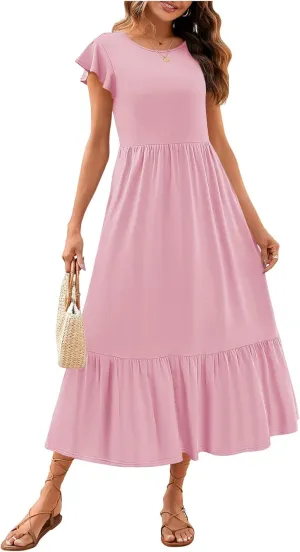 Womens Crew Neck Flutter Sleeve Boho Midi Dress Smocked A-Line Flowy Tiered Modest Midi Sundress