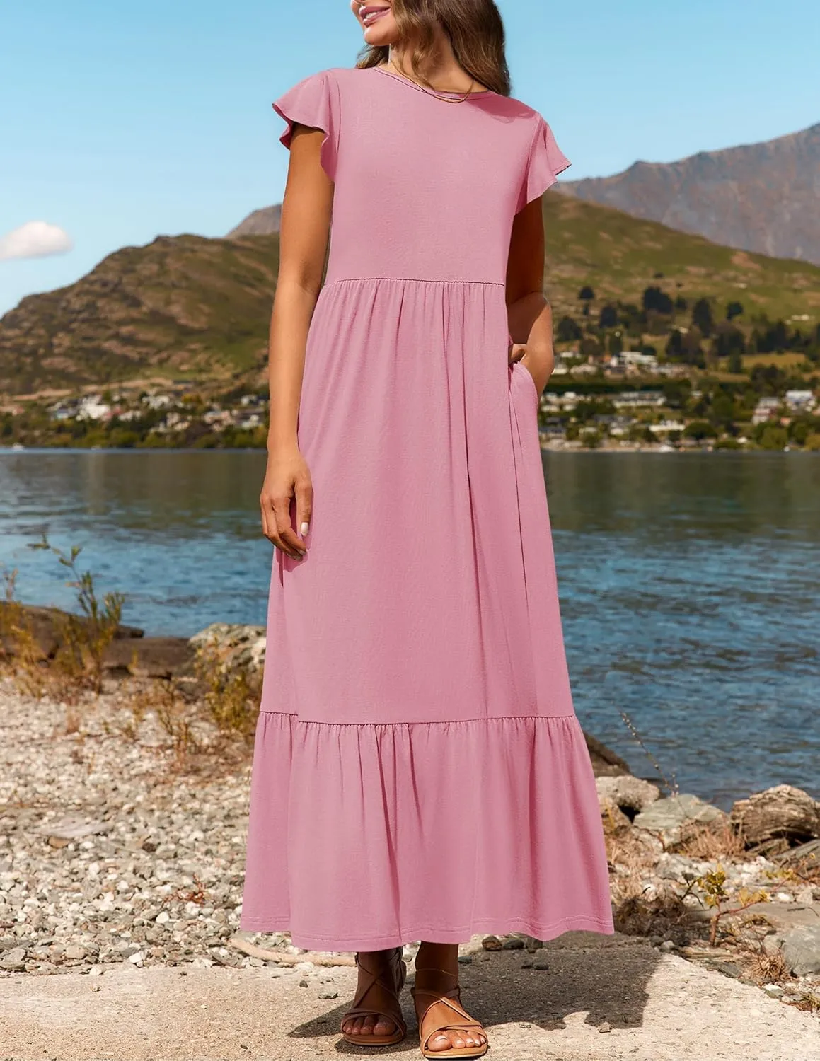 Womens Crew Neck Flutter Sleeve Boho Midi Dress Smocked A-Line Flowy Tiered Modest Midi Sundress
