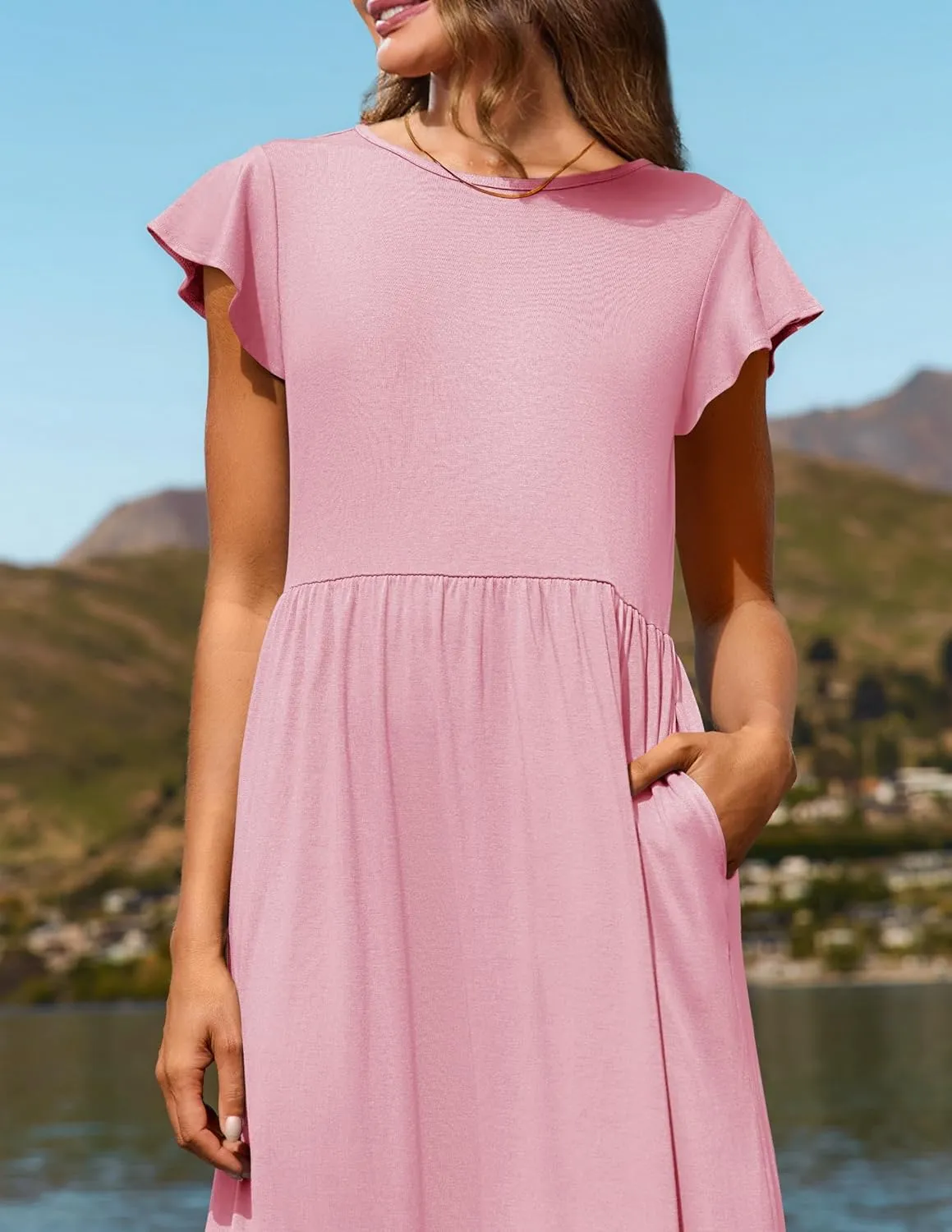 Womens Crew Neck Flutter Sleeve Boho Midi Dress Smocked A-Line Flowy Tiered Modest Midi Sundress