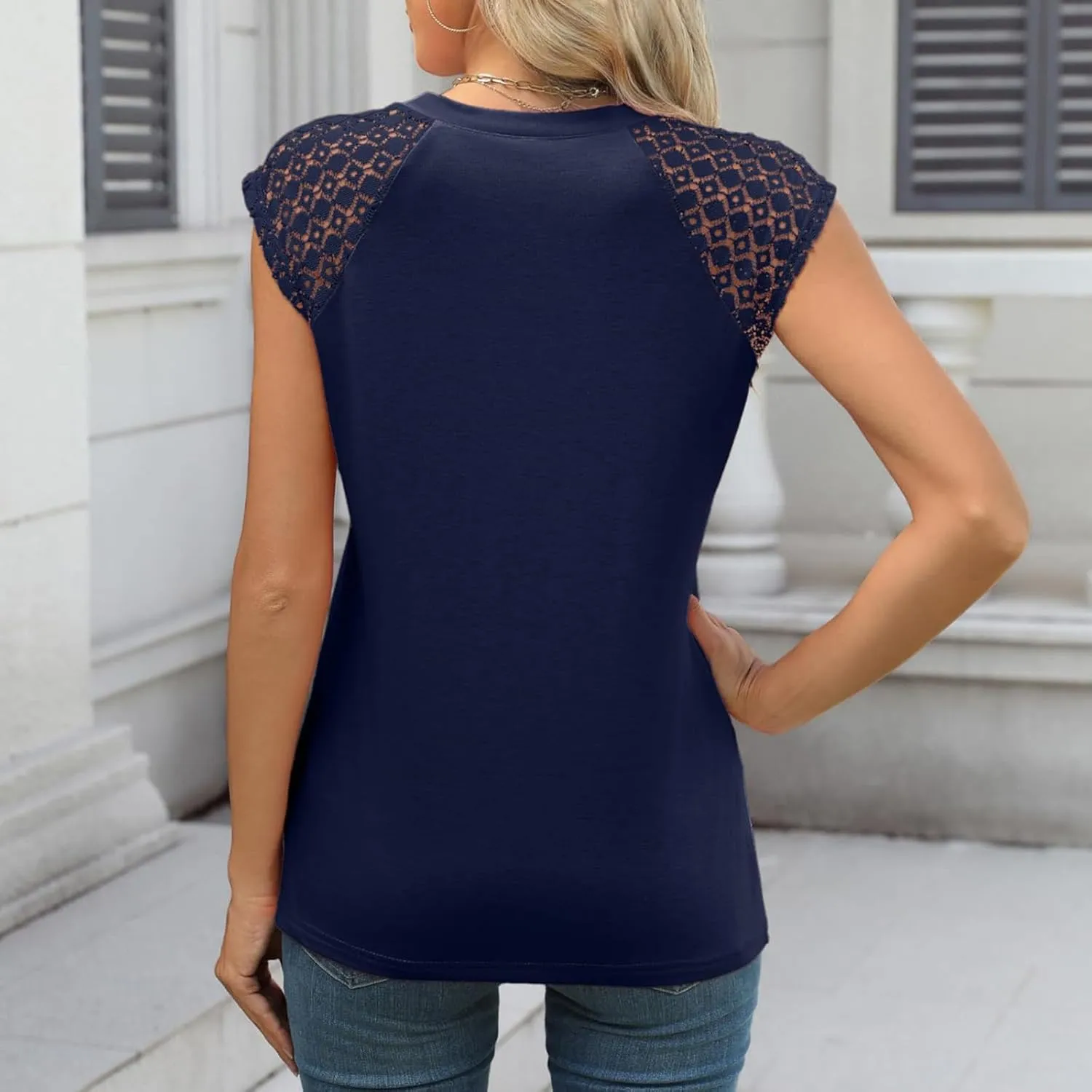 Womens Crewneck Pleated Front Tank Tops Contrast Lace Cap Sleeve T Shirts Dressy Casual Sleeveless Shirts Blouse