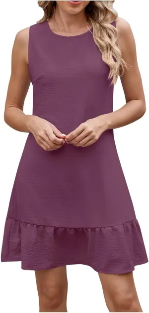 Women's Crewneck Sleeveless Backless Lace-Up Dress Casual Beach Vacation Ruffle Hem Dress Cute Tiered Sundress