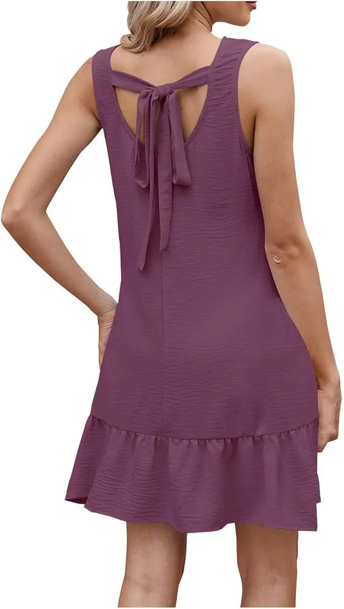 Women's Crewneck Sleeveless Backless Lace-Up Dress Casual Beach Vacation Ruffle Hem Dress Cute Tiered Sundress