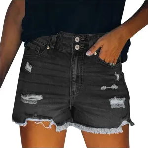 Women's Cut Off Denim Shorts High Waisted Ripped Distressed Jean Shorts Frayed Hem Casual Denim Hot Short with Pocket