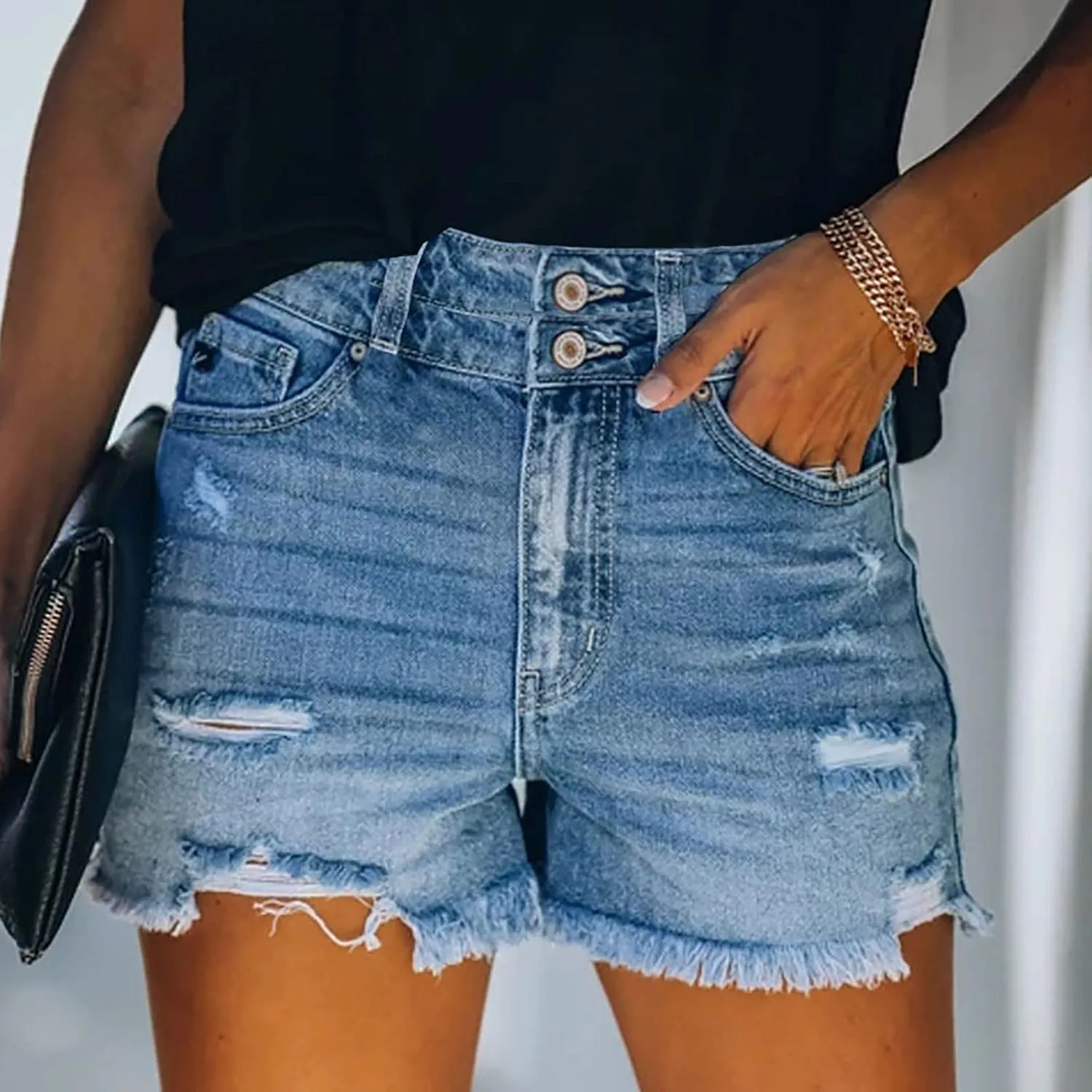 Women's Cut Off Denim Shorts High Waisted Ripped Distressed Jean Shorts Frayed Hem Casual Denim Hot Short with Pocket