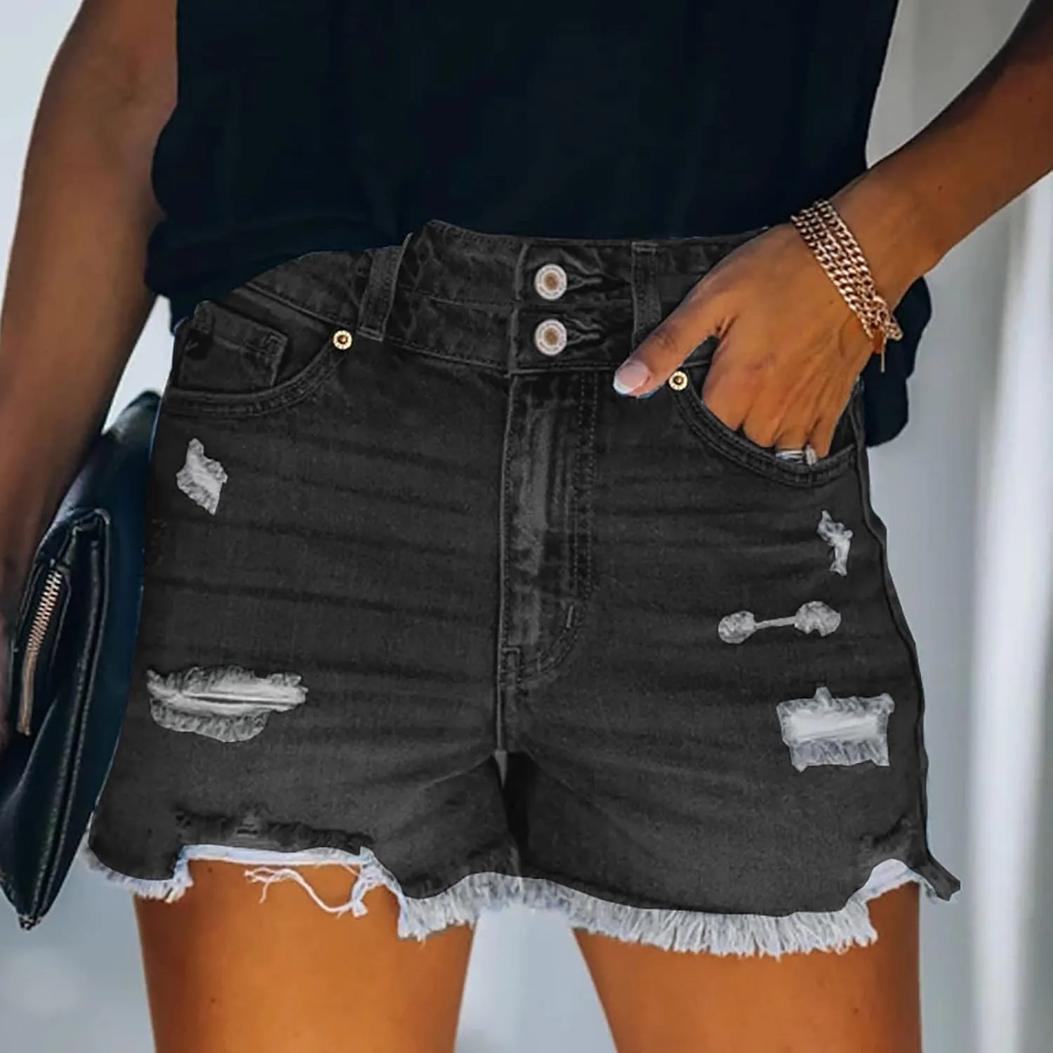 Women's Cut Off Denim Shorts High Waisted Ripped Distressed Jean Shorts Frayed Hem Casual Denim Hot Short with Pocket