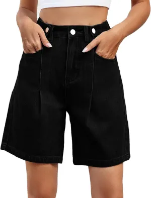 Women's Denim Shorts Elastic Waist - Bermuda Mid-Rise Butt Lift Summer Long Denim 5 Inch Inseam with Multi Pockets