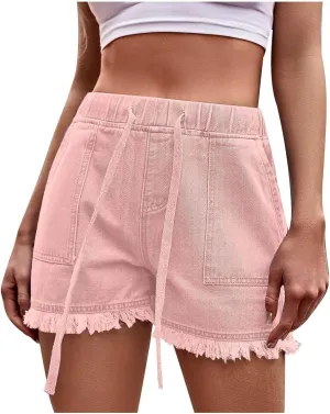 Womens Denim Shorts High Waisted Drawstring Baggy Raw Hem Jean Shorts Summer Fringe Tassel Short Jeans with Pockets
