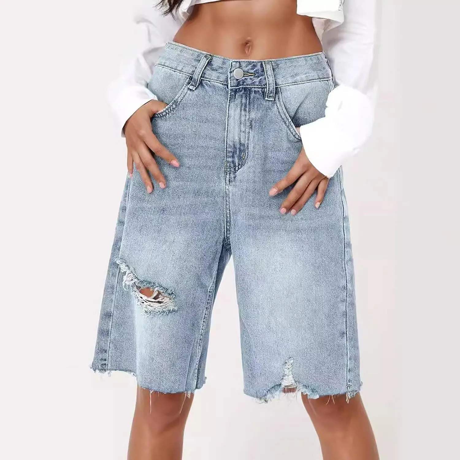 Womens Distressed Denim Shorts High Waisted Ripped Jean Shorts Straight Leg Summer Casual Bermuda Short Half Pants