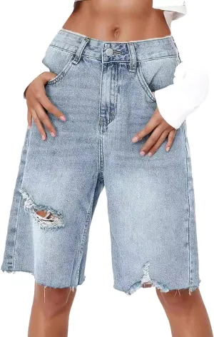 Womens Distressed Denim Shorts High Waisted Ripped Jean Shorts Straight Leg Summer Casual Bermuda Short Half Pants