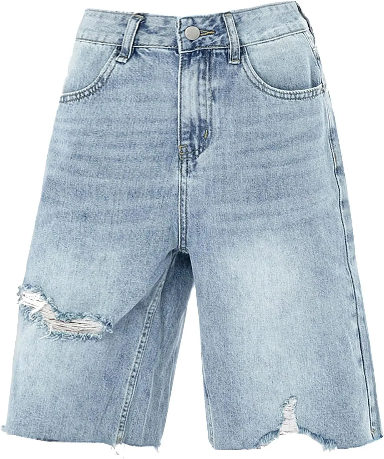 Womens Distressed Denim Shorts High Waisted Ripped Jean Shorts Straight Leg Summer Casual Bermuda Short Half Pants