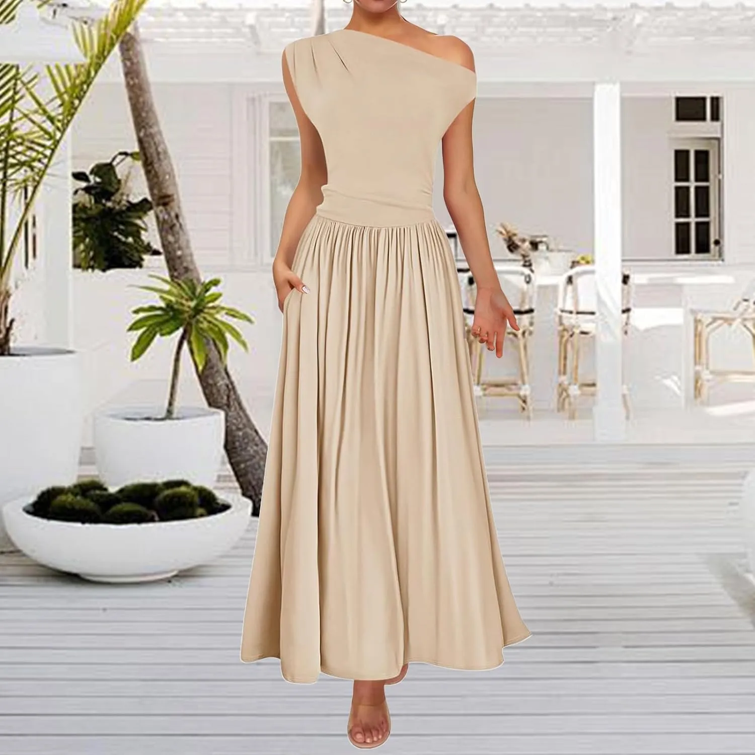 Women's Dresses One Shoulder Ruffle High Waist Flowy Dresses Sleeveless Fashion Trendy Dress Summer Sundress 2025