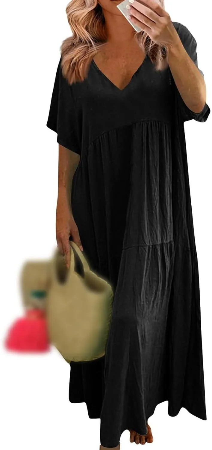 Women's Dresses Plus Size V Neck Short Sleeve Maxi Dress Loose Fit Floor Maxi Dress Ruffle Flowy Swing Sundress 2025