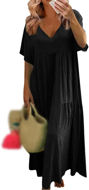 Women's Dresses Plus Size V Neck Short Sleeve Maxi Dress Loose Fit Floor Maxi Dress Ruffle Flowy Swing Sundress 2025