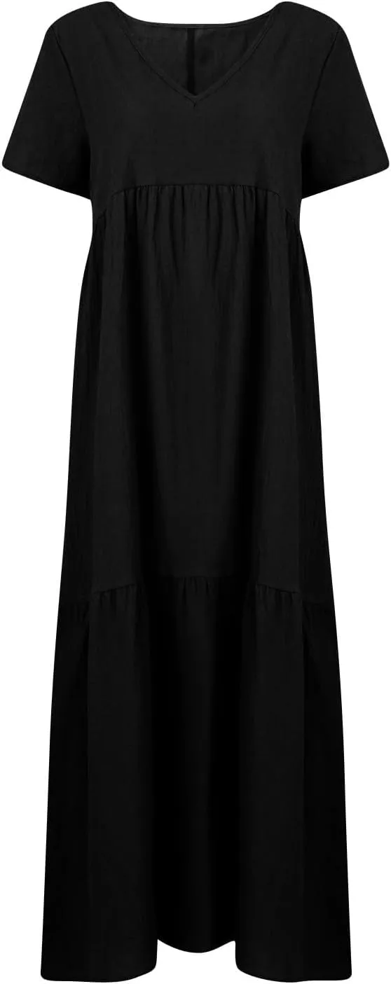 Women's Dresses Plus Size V Neck Short Sleeve Maxi Dress Loose Fit Floor Maxi Dress Ruffle Flowy Swing Sundress 2025