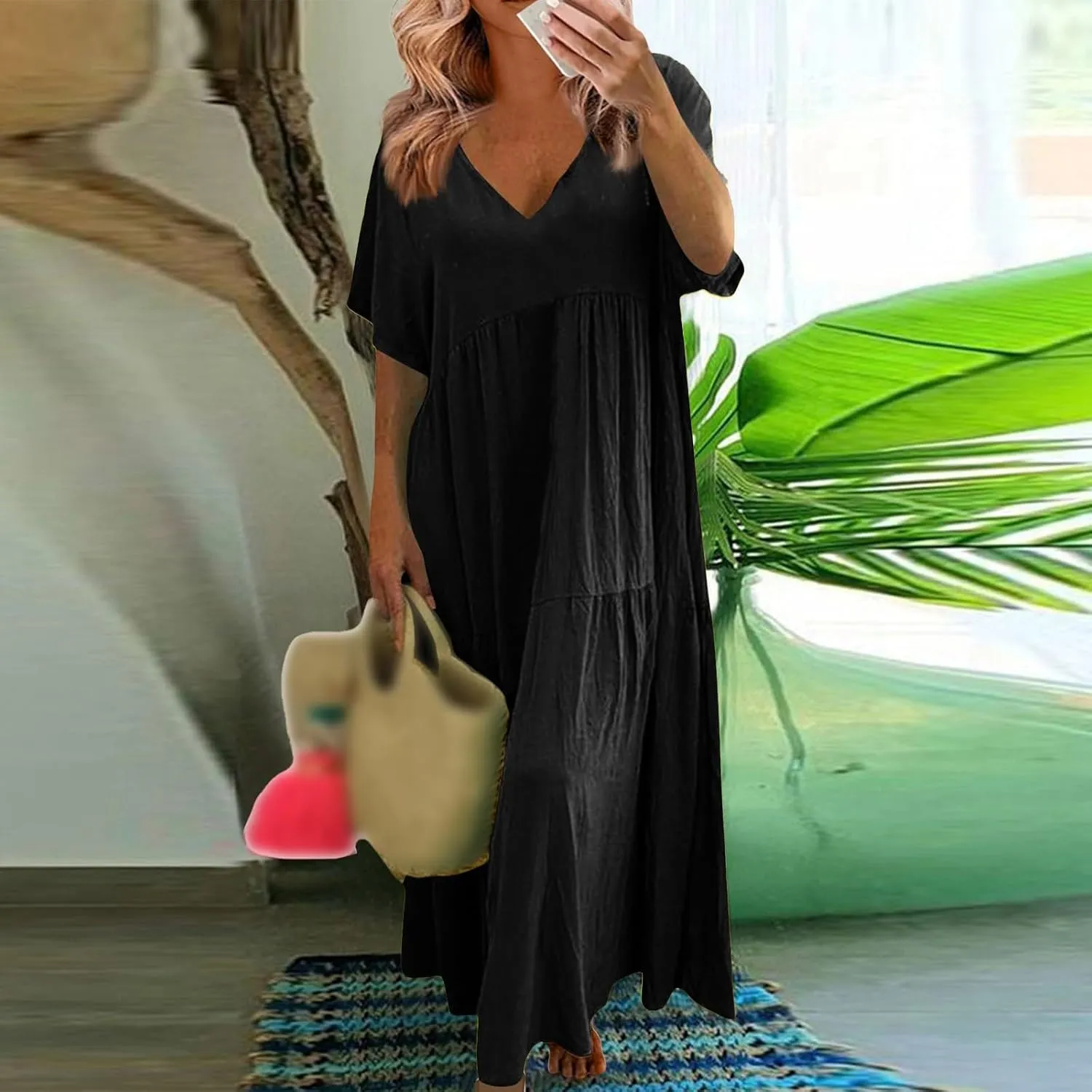 Women's Dresses Plus Size V Neck Short Sleeve Maxi Dress Loose Fit Floor Maxi Dress Ruffle Flowy Swing Sundress 2025
