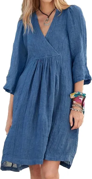 Womens Dresses Summer Cotton Linen 3/4 Sleeve V Neck Midi Dress Casual Loose Fit Beach Vacation Dress 2025