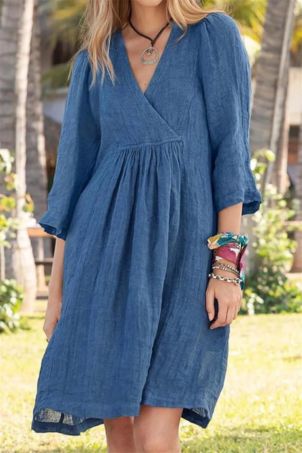 Womens Dresses Summer Cotton Linen 3/4 Sleeve V Neck Midi Dress Casual Loose Fit Beach Vacation Dress 2025