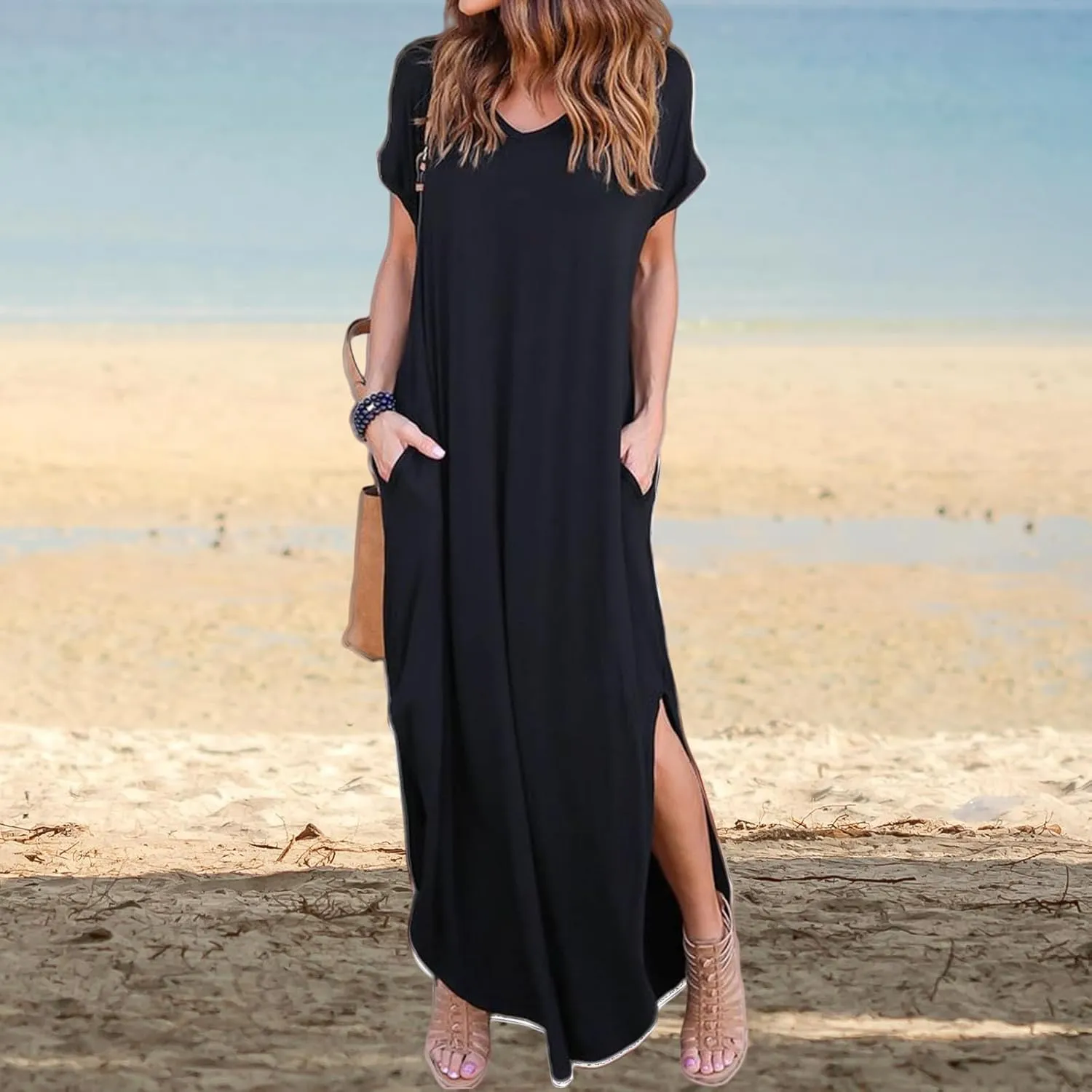 Women's Dresses Summer Plus Size Sundress Short Sleeve V Neck Dress Loose Fit Solid Color Dresses Split Dress 2025