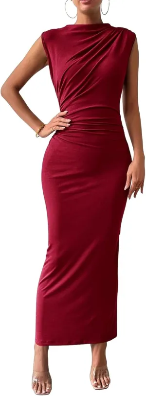 Women's Elegant Bodycon Long Dress Sleeveless Back Split Slim Dresses Sexy Ruched Evening Party Cocktail Maxi Dress