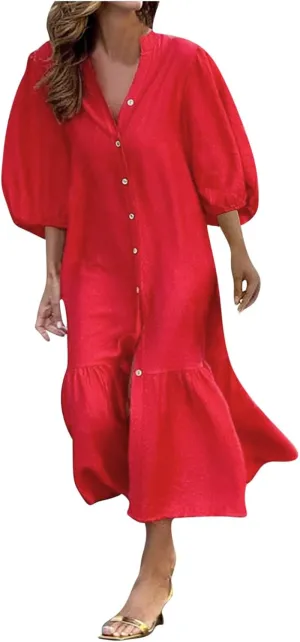 Womens Fall 3/4 Puff Sleeve Shirt Dressy Button Down V Neck Maxi Dress 2024 Basic Relax Ruffle Swing Long Shift Dress