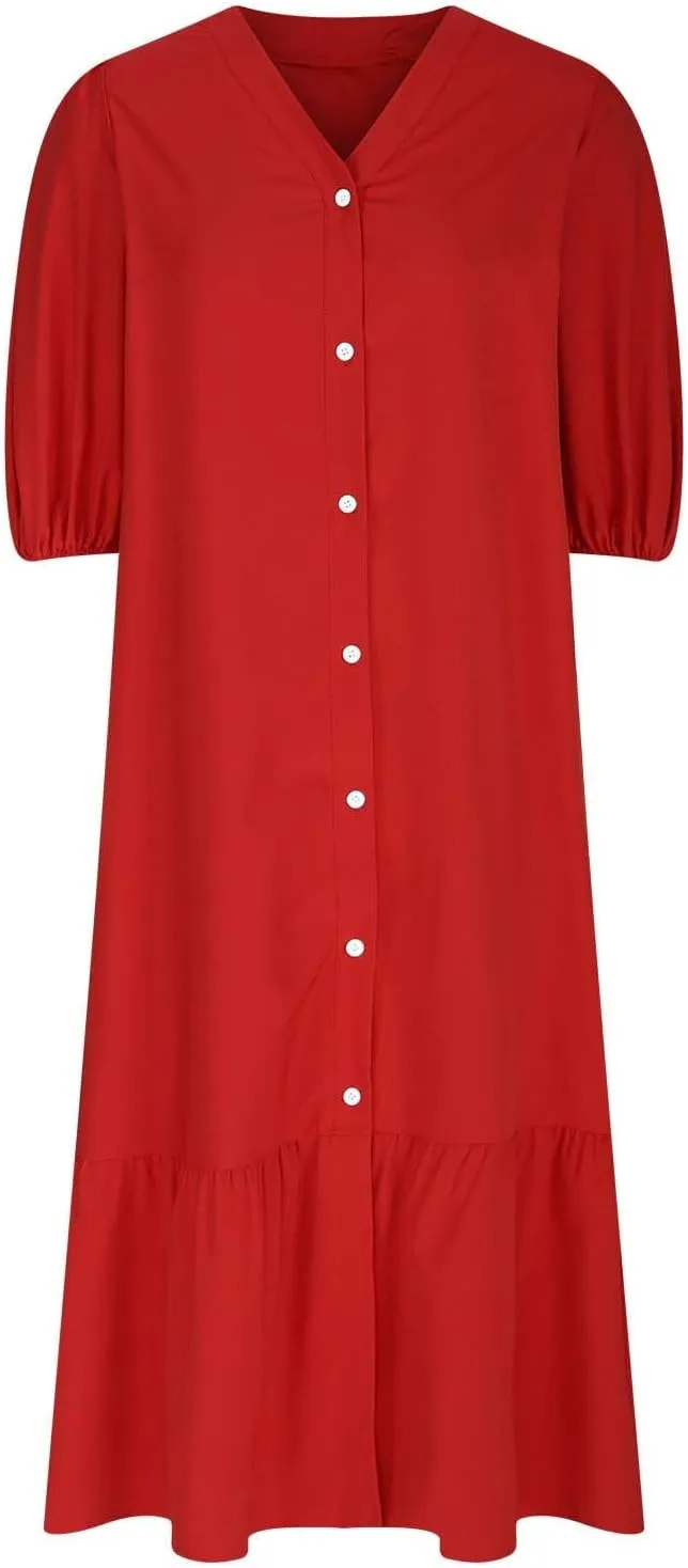 Womens Fall 3/4 Puff Sleeve Shirt Dressy Button Down V Neck Maxi Dress 2024 Basic Relax Ruffle Swing Long Shift Dress