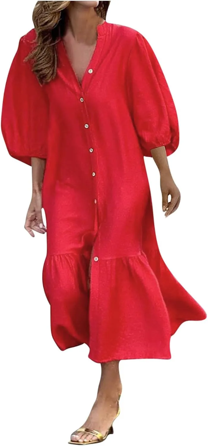 Womens Fall 3/4 Puff Sleeve Shirt Dressy Button Down V Neck Maxi Dress 2024 Basic Relax Ruffle Swing Long Shift Dress