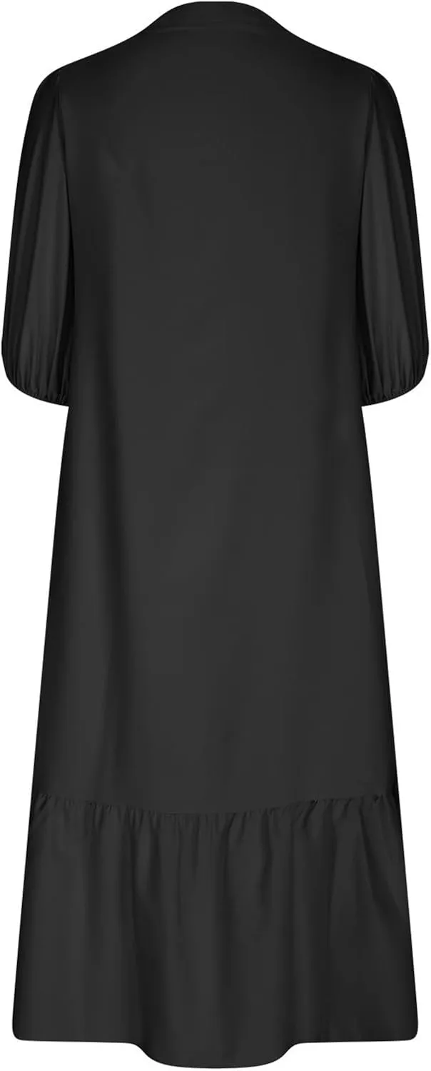 Womens Fall 3/4 Puff Sleeve Shirt Dressy Button Down V Neck Maxi Dress 2024 Basic Relax Ruffle Swing Long Shift Dress