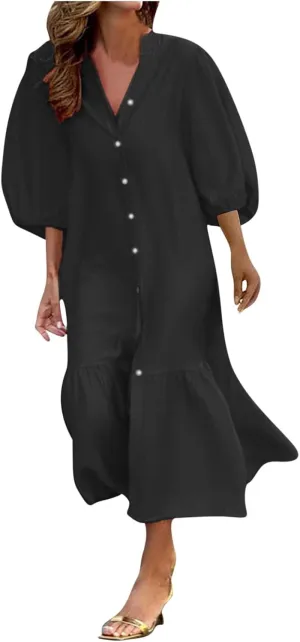 Womens Fall 3/4 Puff Sleeve Shirt Dressy Button Down V Neck Maxi Dress 2024 Basic Relax Ruffle Swing Long Shift Dress