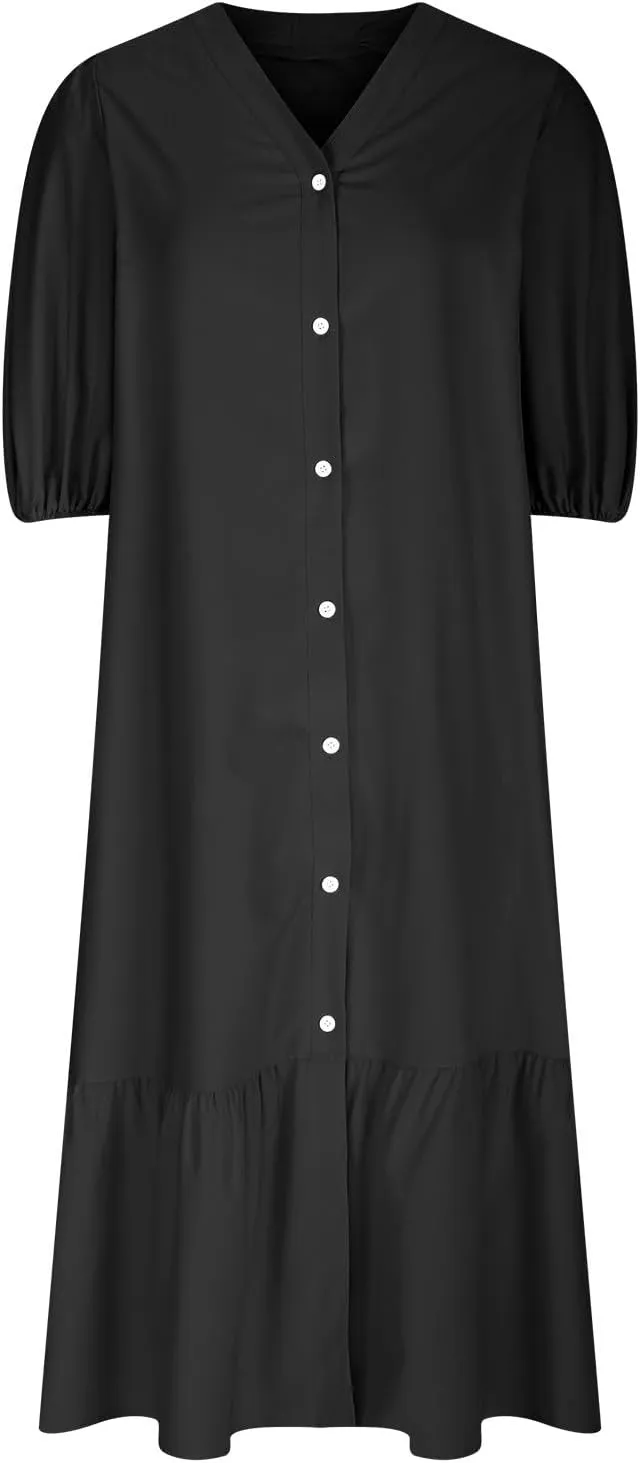 Womens Fall 3/4 Puff Sleeve Shirt Dressy Button Down V Neck Maxi Dress 2024 Basic Relax Ruffle Swing Long Shift Dress