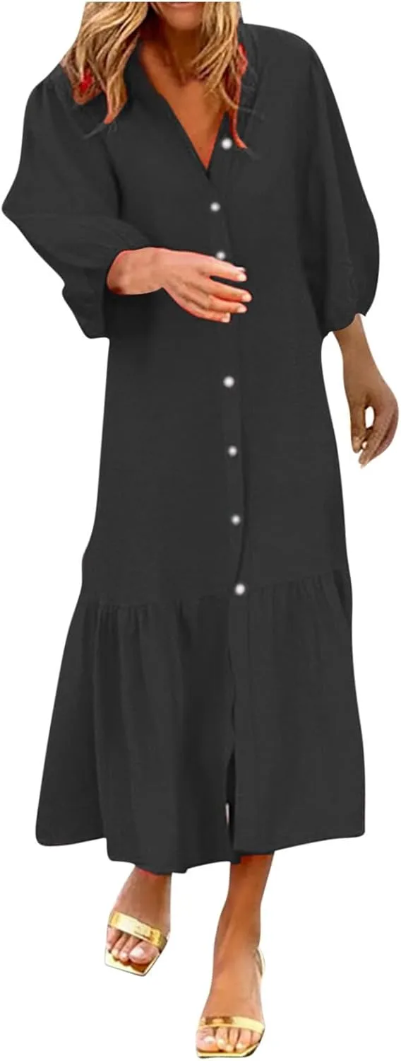 Womens Fall 3/4 Puff Sleeve Shirt Dressy Button Down V Neck Maxi Dress 2024 Basic Relax Ruffle Swing Long Shift Dress