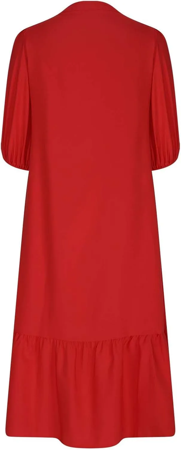 Womens Fall 3/4 Puff Sleeve Shirt Dressy Button Down V Neck Maxi Dress 2024 Basic Relax Ruffle Swing Long Shift Dress