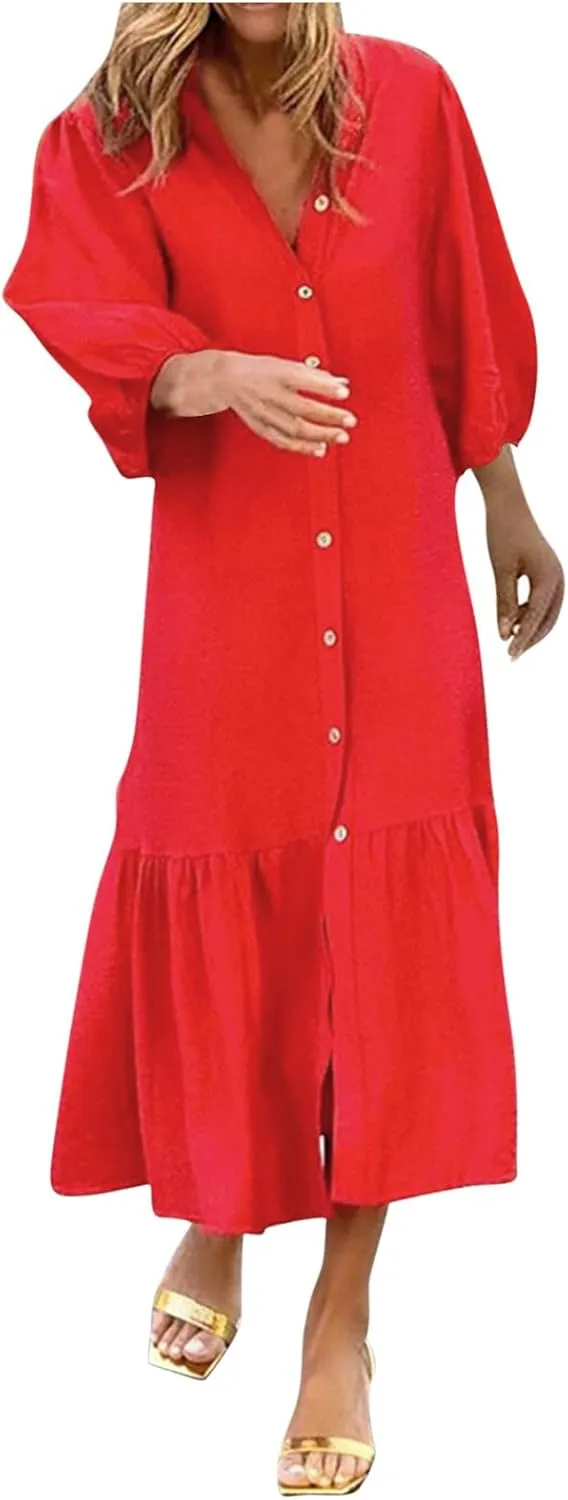 Womens Fall 3/4 Puff Sleeve Shirt Dressy Button Down V Neck Maxi Dress 2024 Basic Relax Ruffle Swing Long Shift Dress