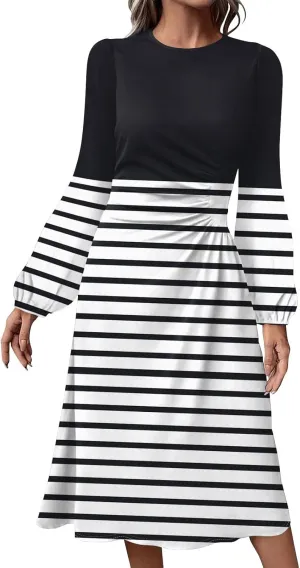 Women's Fashion Casual Print Round Neck Long Sleeve Midi Fashion Dress