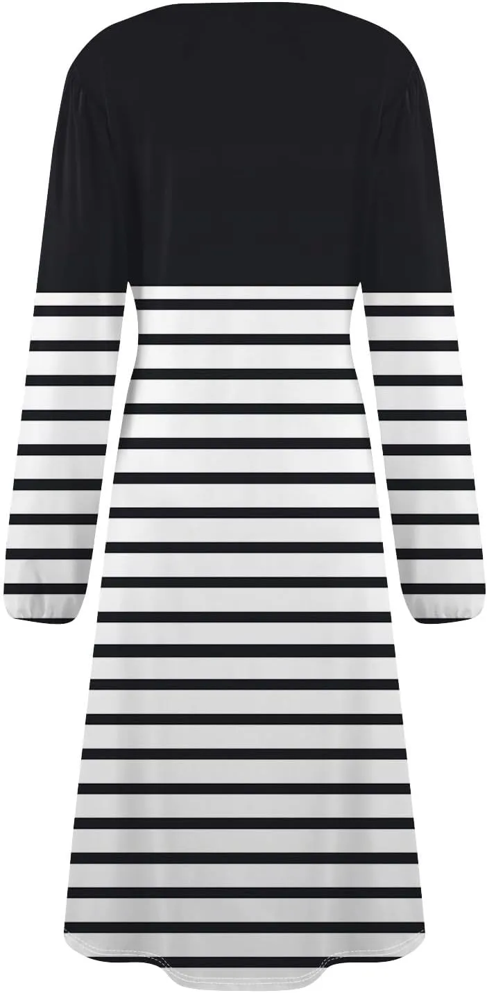 Women's Fashion Casual Print Round Neck Long Sleeve Midi Fashion Dress
