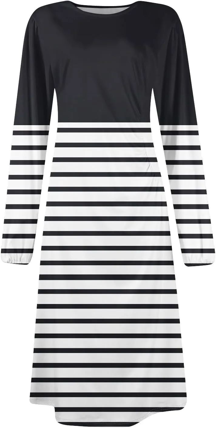 Women's Fashion Casual Print Round Neck Long Sleeve Midi Fashion Dress