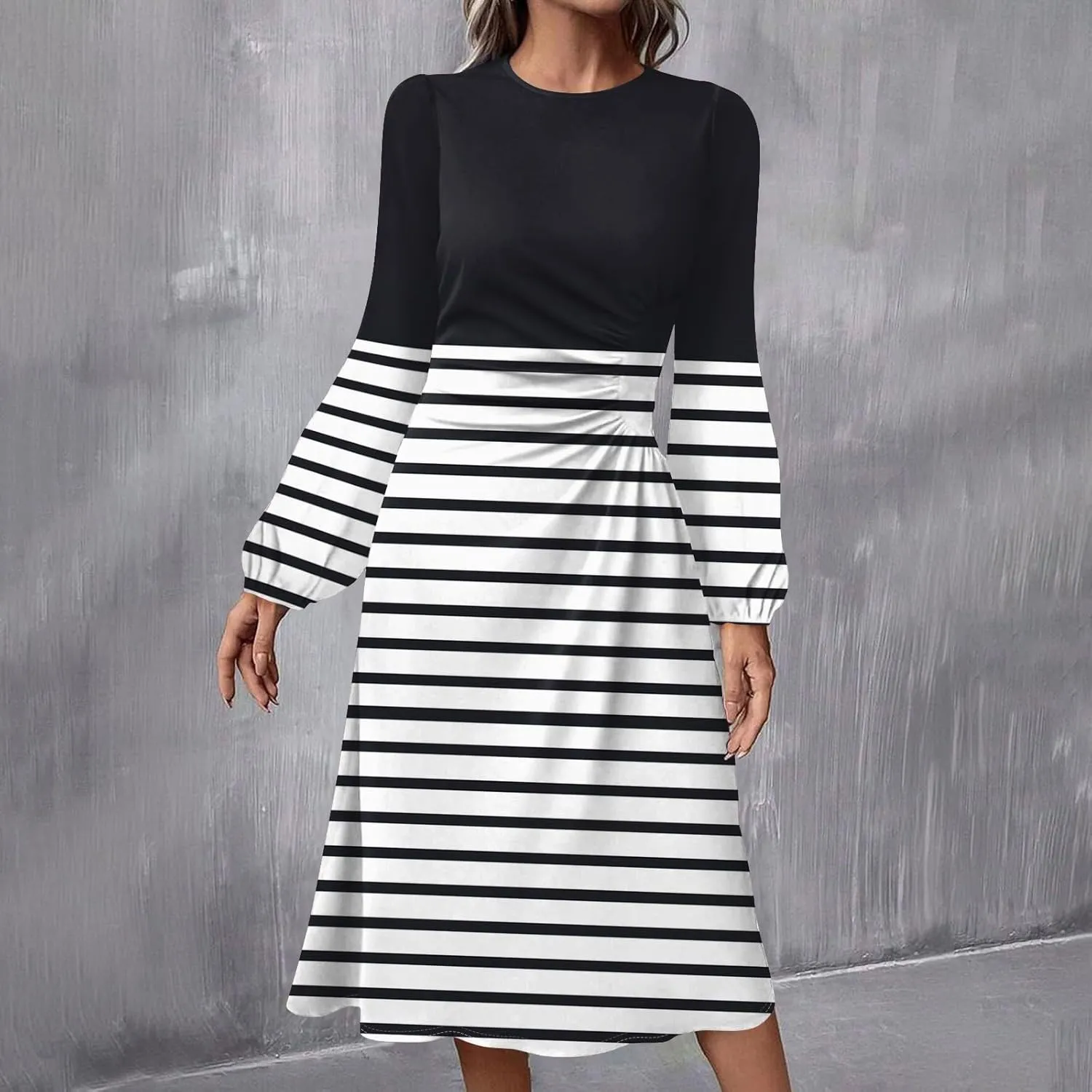 Women's Fashion Casual Print Round Neck Long Sleeve Midi Fashion Dress