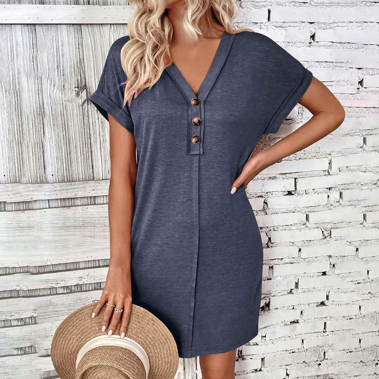 Womens Fashion V-Neck Button Up Dress Roll Short Sleeve Tunic A Line Knee Length Dresses Beach Vacation Mini Dress