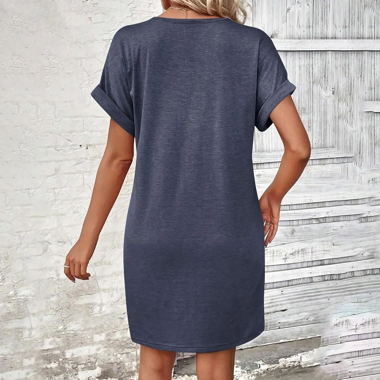 Womens Fashion V-Neck Button Up Dress Roll Short Sleeve Tunic A Line Knee Length Dresses Beach Vacation Mini Dress