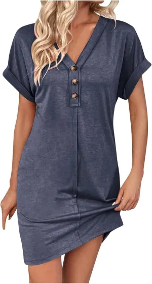 Womens Fashion V-Neck Button Up Dress Roll Short Sleeve Tunic A Line Knee Length Dresses Beach Vacation Mini Dress