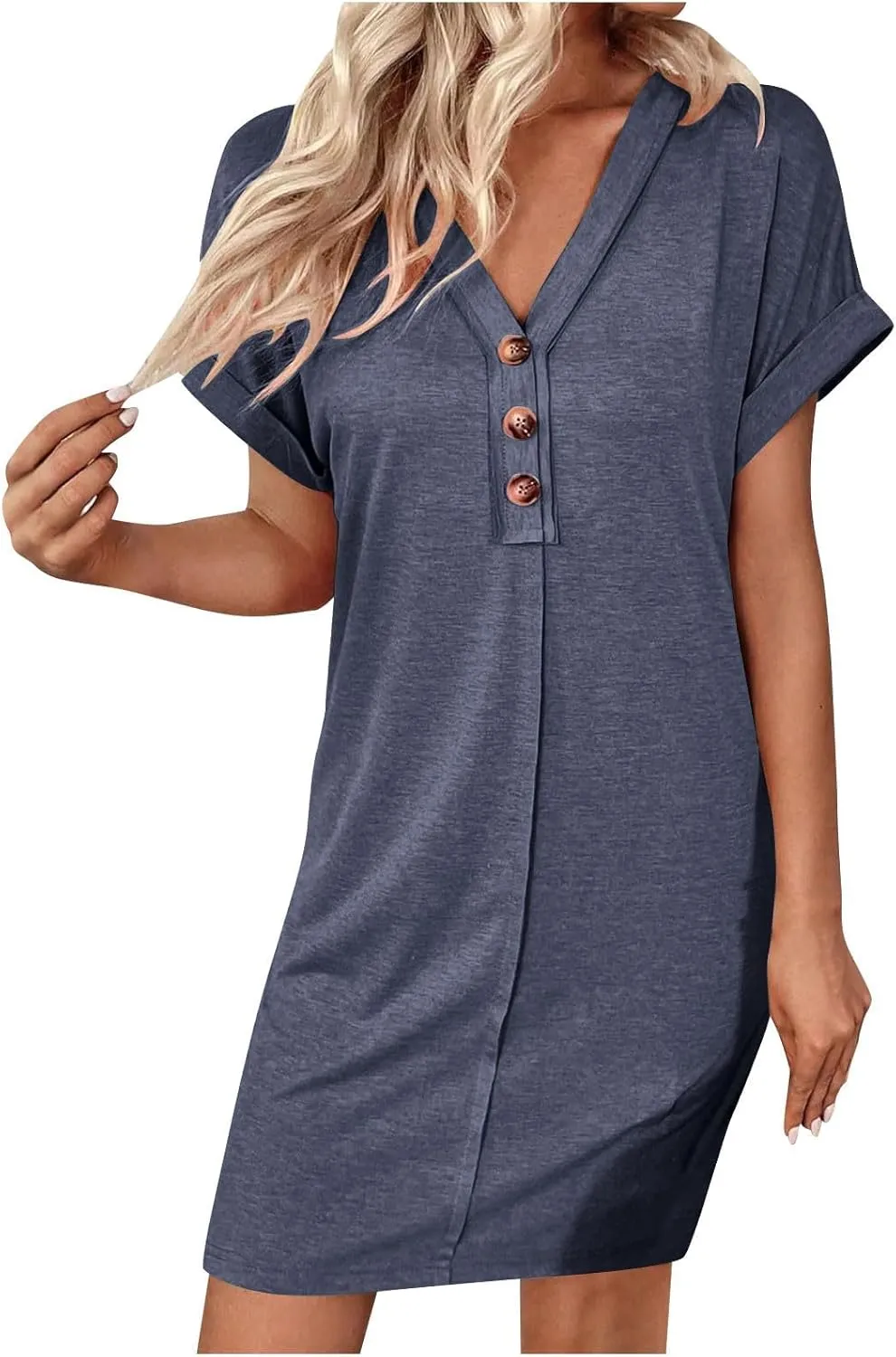 Womens Fashion V-Neck Button Up Dress Roll Short Sleeve Tunic A Line Knee Length Dresses Beach Vacation Mini Dress