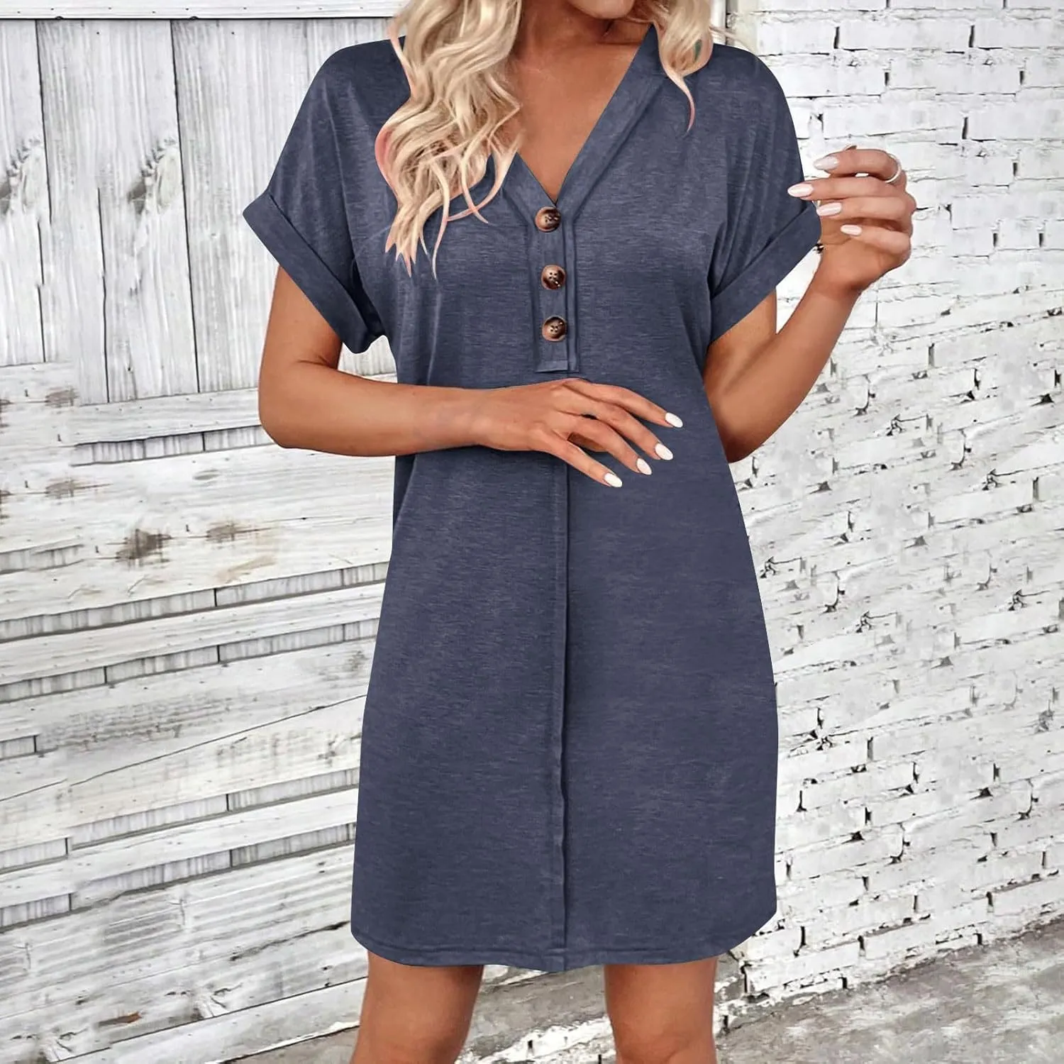 Womens Fashion V-Neck Button Up Dress Roll Short Sleeve Tunic A Line Knee Length Dresses Beach Vacation Mini Dress