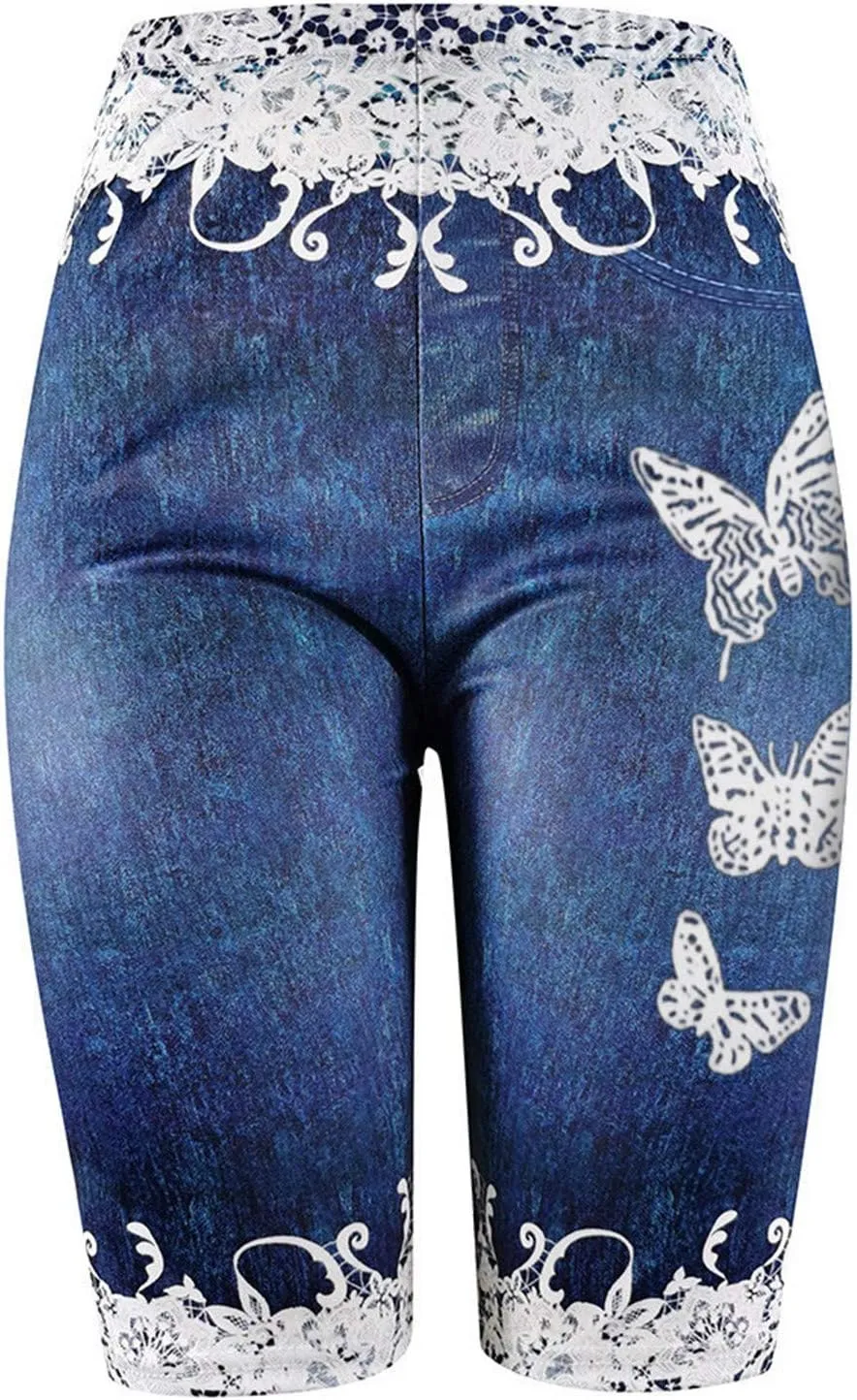 Womens Faux Jeans Shorts Elastic High Waisted Fashion Butterfly Print Leggings Like Denim Shorts Plus Size Casual Yoga Shorts