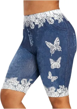 Womens Faux Jeans Shorts Elastic High Waisted Fashion Butterfly Print Leggings Like Denim Shorts Plus Size Casual Yoga Shorts